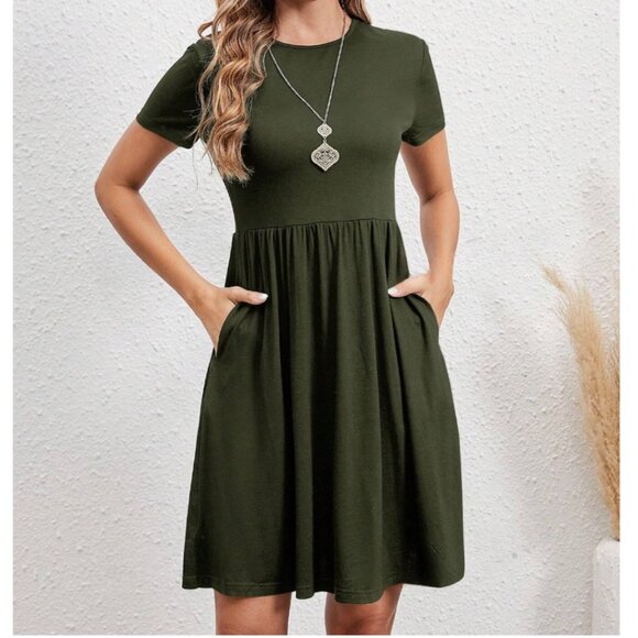 Army Green A-Line Dress With Pockets - Picture 1 of 8